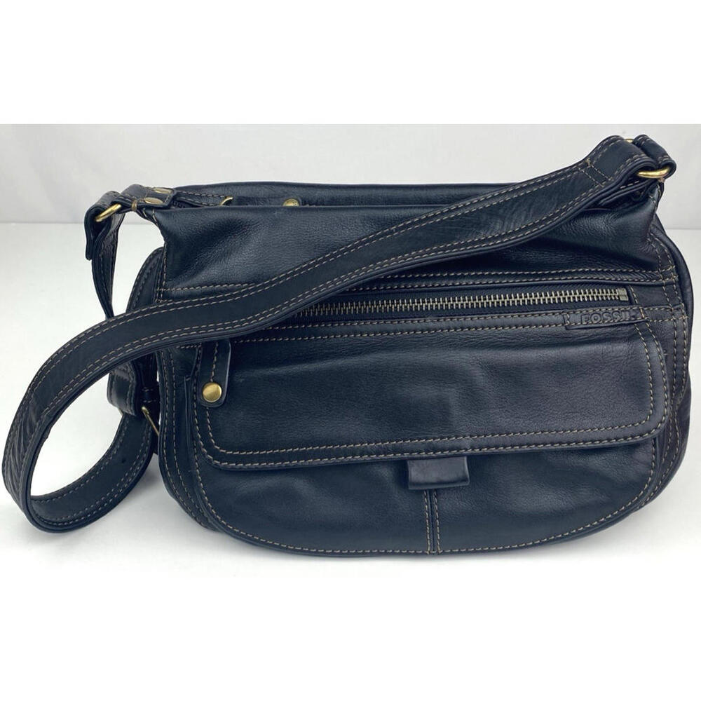 Vintage Fossil Leather Shoulder Bag Hand Purse Flap ID Holder Black ZB 8943 EUC